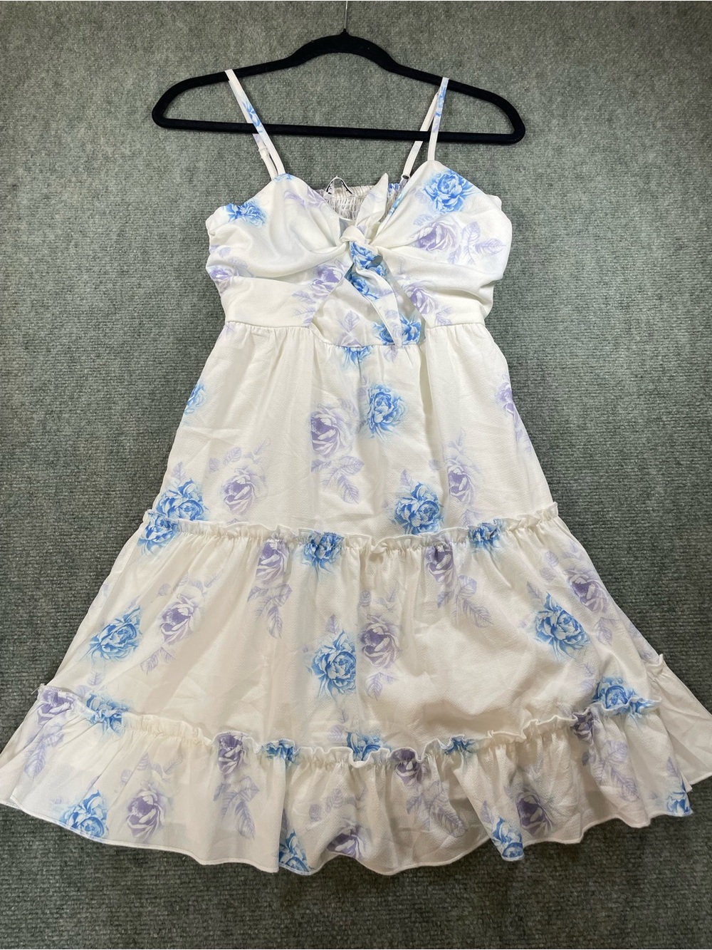Floral Tiered Mini Dress in White with Blue Floral Print